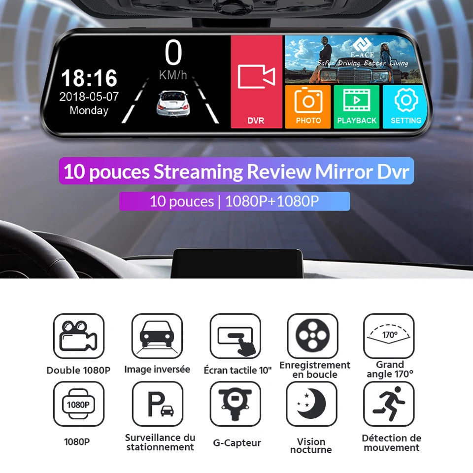 10 Inch Car DVR Car Touch Screen video Recorder Dual 1080P Rearview Mirror Front and Rear HD Night Vision Camera Mirror