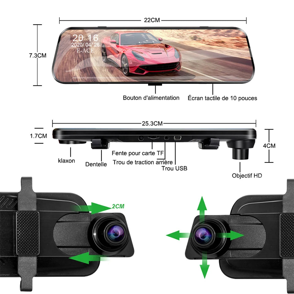 10 Inch Car DVR Car Touch Screen video Recorder Dual 1080P Rearview Mirror Front and Rear HD Night Vision Camera Mirror
